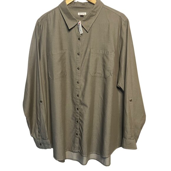 NWT Westport Women 3X Button-Up Shirt Olive Embroidered Pockets Roll-Tab Sleeve - Picture 1 of 16